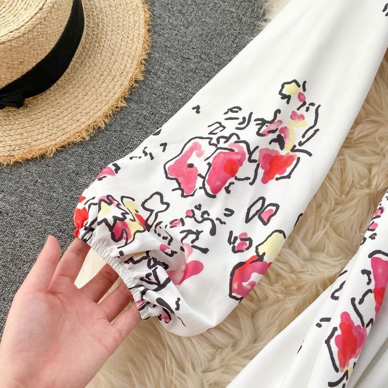 Elegant Slash Neck Puff Sleeve Off Shoulder Print Maxi Dress