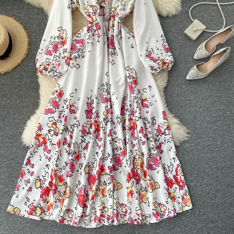 Elegant Slash Neck Puff Sleeve Off Shoulder Print Maxi Dress