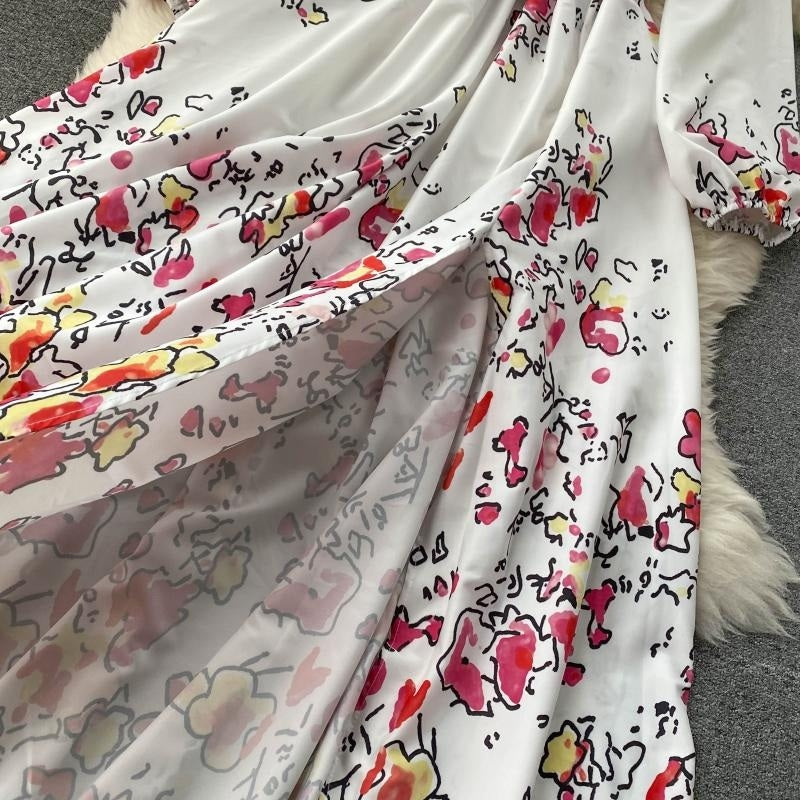 Elegant Slash Neck Puff Sleeve Off Shoulder Print Maxi Dress
