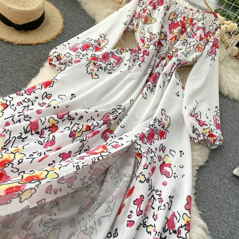 Elegant Slash Neck Puff Sleeve Off Shoulder Print Maxi Dress