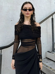 Elegant Slash Neck Ruched Strapless Patchwork Fit Chic Birthday Party Maxi Dress