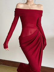 Elegant Slash Neck Ruched Strapless Patchwork Fit Chic Birthday Party Maxi Dress