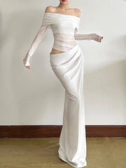 Elegant Slash Neck Ruched Strapless Patchwork Fit Chic Birthday Party Maxi Dress