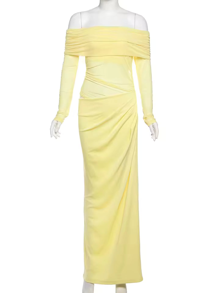 Elegant Slash Neck Ruched Strapless Patchwork Fit Chic Birthday Party Maxi Dress