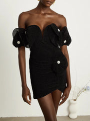Elegant Slash Neck Shoulder Cuff Solid Spliced Diamonds Slimming Mini Dress