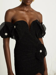 Elegant Slash Neck Shoulder Cuff Solid Spliced Diamonds Slimming Mini Dress