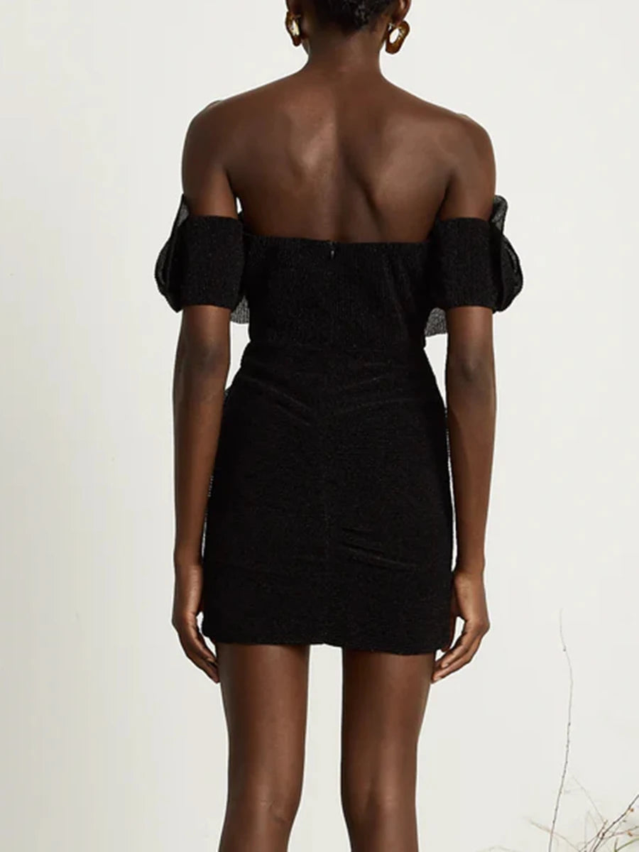 Elegant Slash Neck Shoulder Cuff Solid Spliced Diamonds Slimming Mini Dress