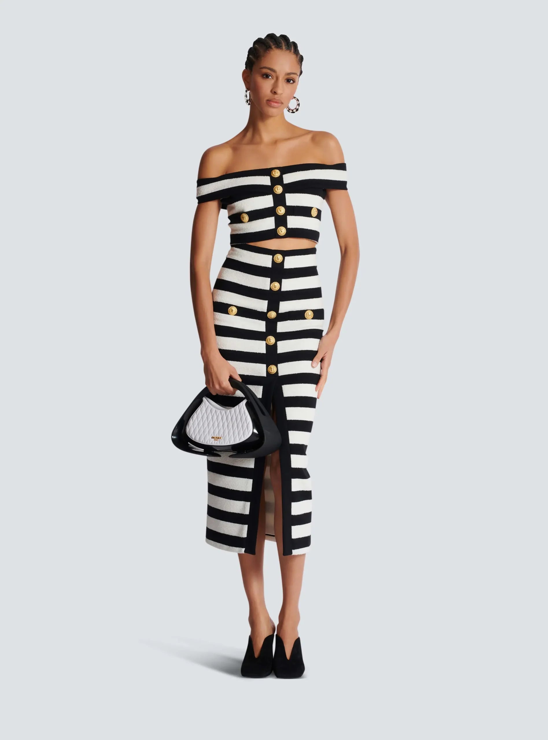 Elegant Slash Neck Striped Button zipper Office Lady 2 Pieces Bodycon Bandage Mid-calf Dress