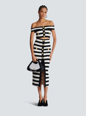 Elegant Slash Neck Striped Button zipper Office Lady 2 Pieces Bodycon Bandage Mid-calf Dress