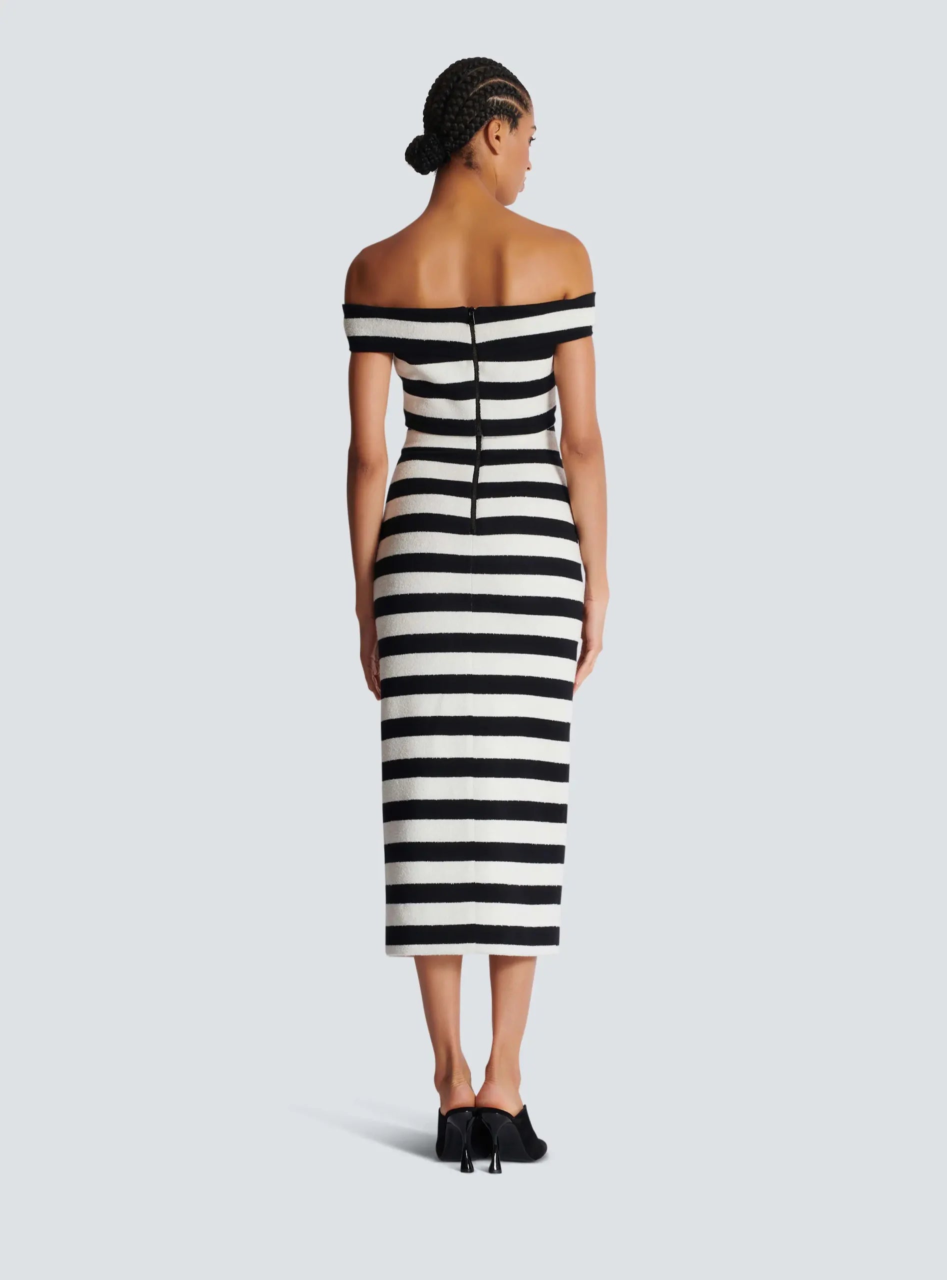 Elegant Slash Neck Striped Button zipper Office Lady 2 Pieces Bodycon Bandage Mid-calf Dress