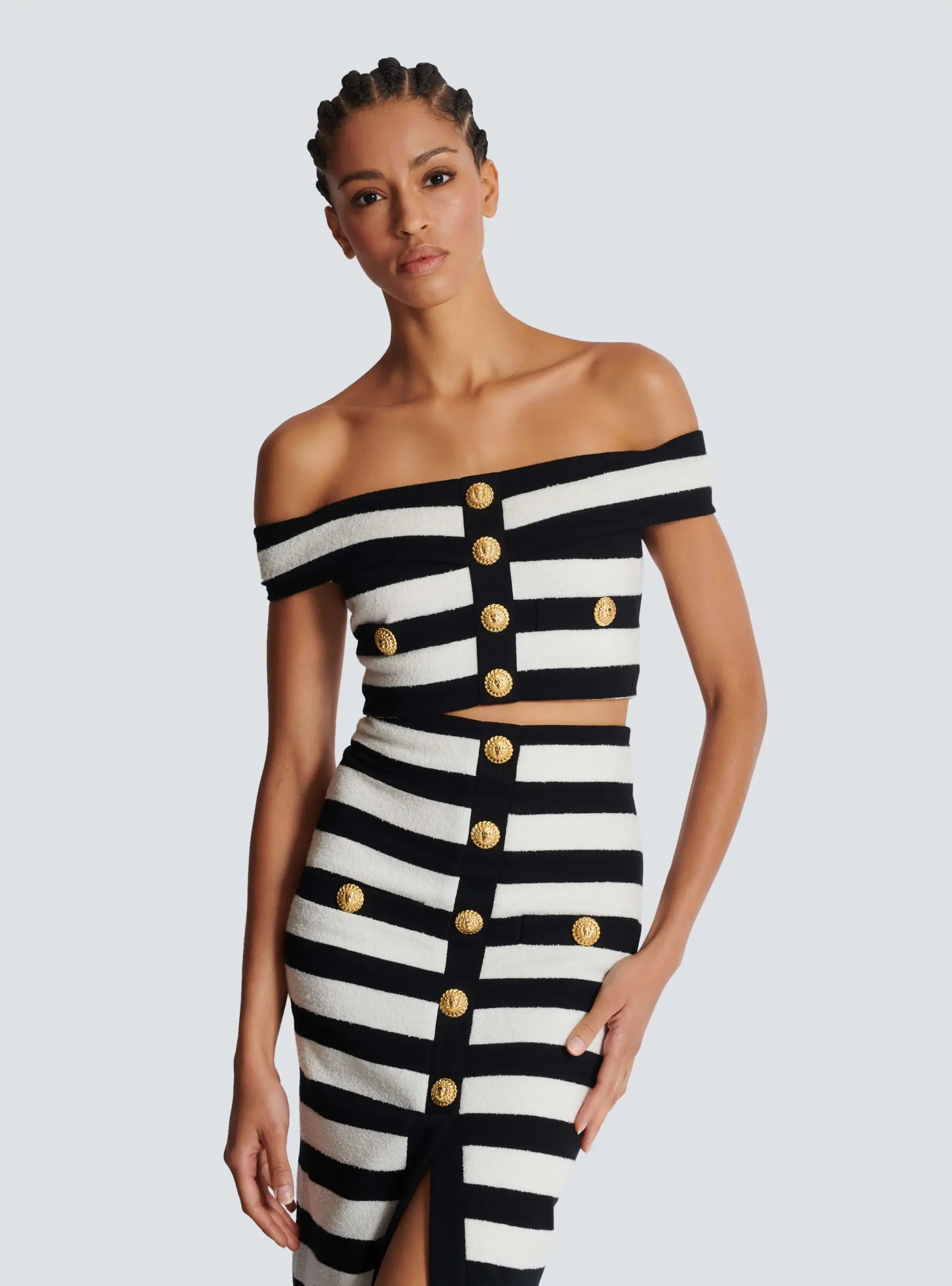 Elegant Slash Neck Striped Button zipper Office Lady 2 Pieces Bodycon Bandage Mid-calf Dress