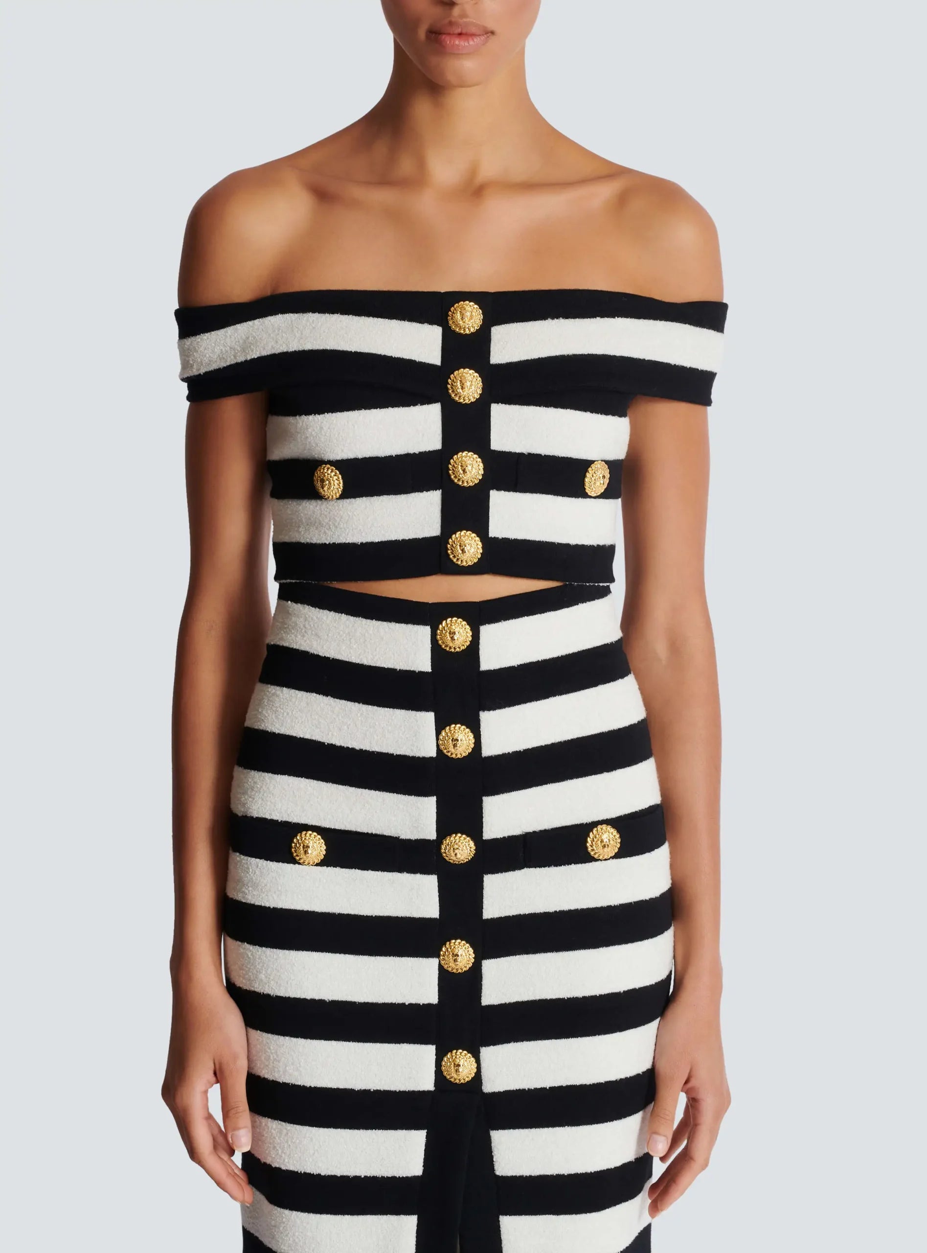 Elegant Slash Neck Striped Button zipper Office Lady 2 Pieces Bodycon Bandage Mid-calf Dress