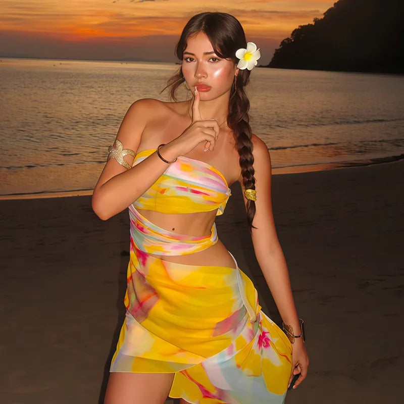 Elegant Slash Neck Tie Dye Print Backless Pullover Strapless Hollow Out Sleeveless Mini Dress