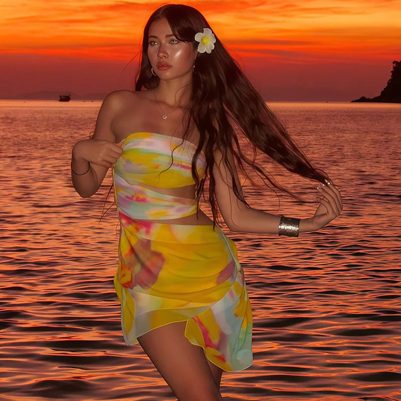 Elegant Slash Neck Tie Dye Print Backless Pullover Strapless Hollow Out Sleeveless Mini Dress