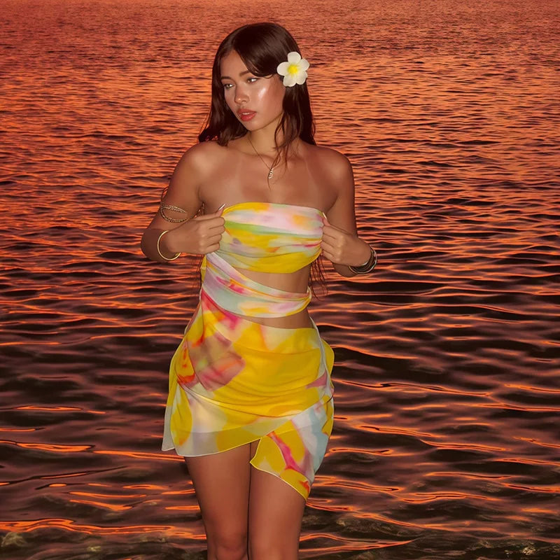 Elegant Slash Neck Tie Dye Print Backless Pullover Strapless Hollow Out Sleeveless Mini Dress