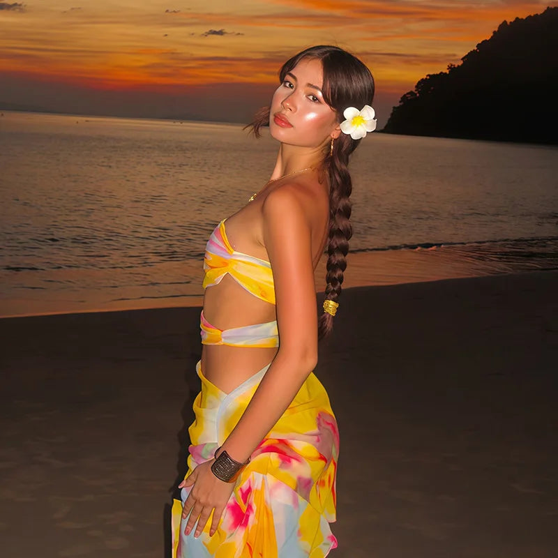 Elegant Slash Neck Tie Dye Print Backless Pullover Strapless Hollow Out Sleeveless Mini Dress