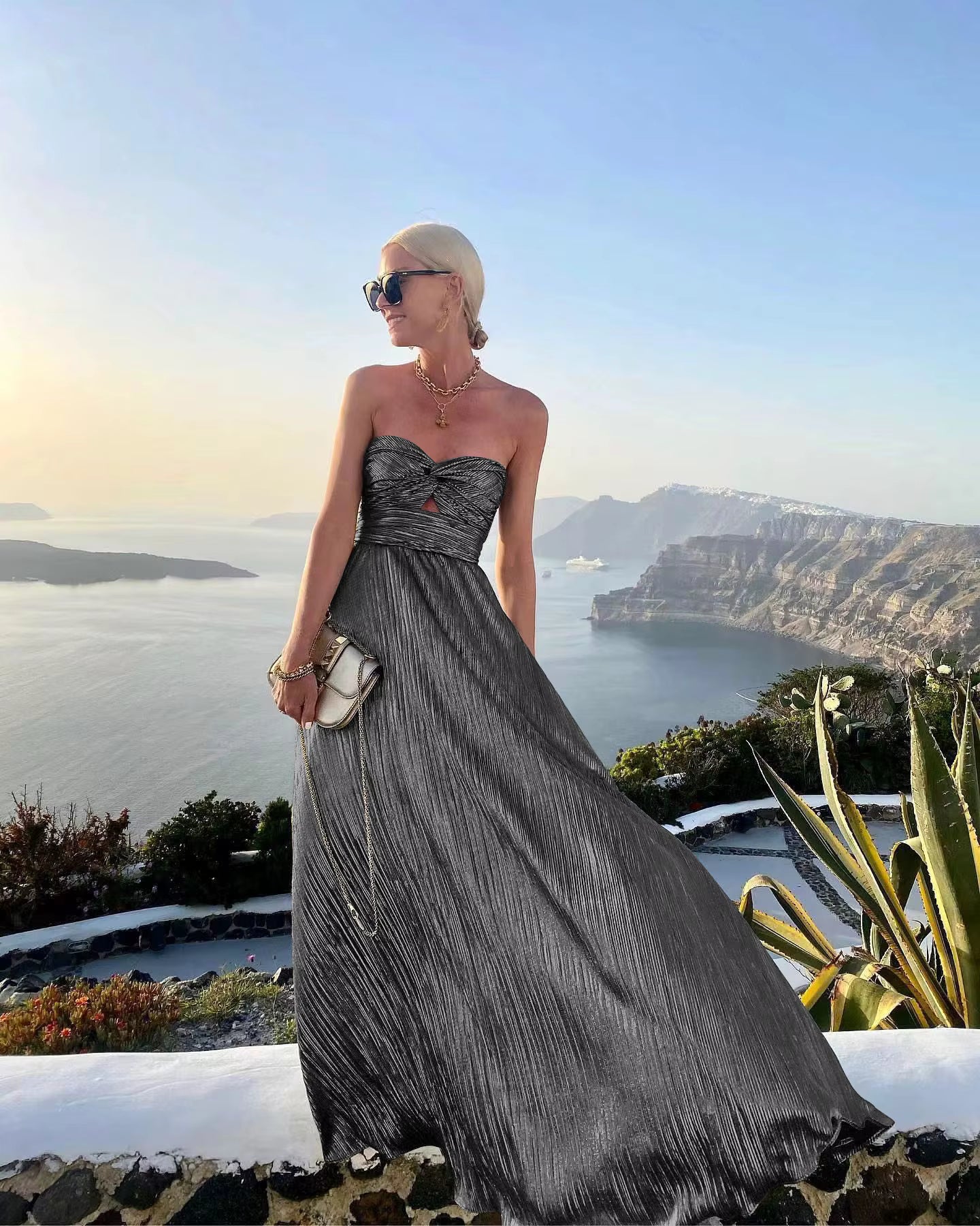 Elegant Sleeveless A-Line Twist Strapless Hollow Out Evening Long Maxi Dress