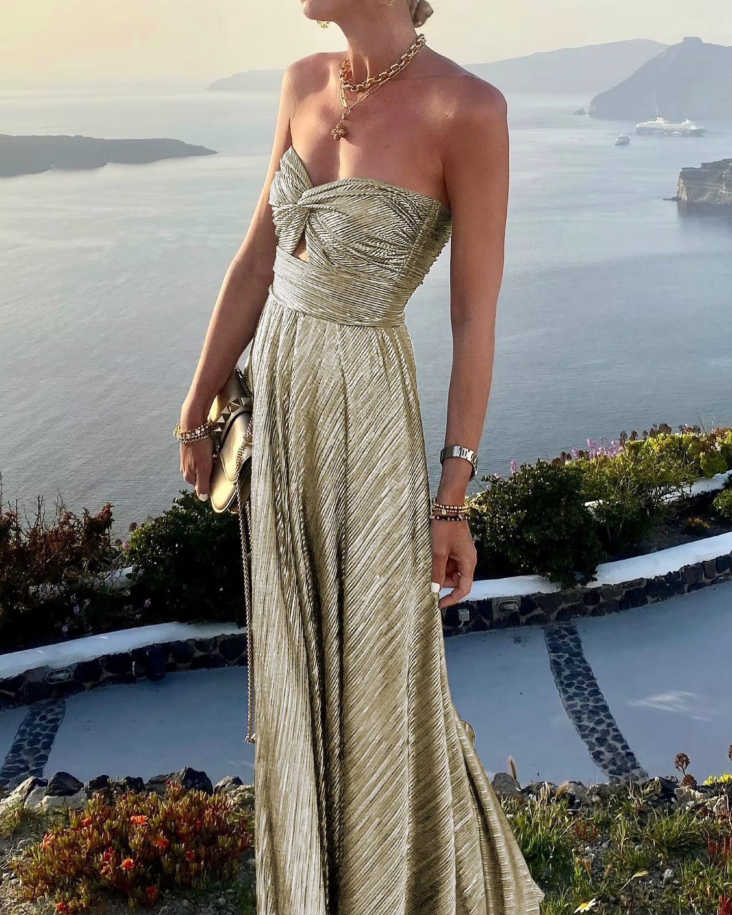 Elegant Sleeveless A-Line Twist Strapless Hollow Out Evening Long Maxi Dress