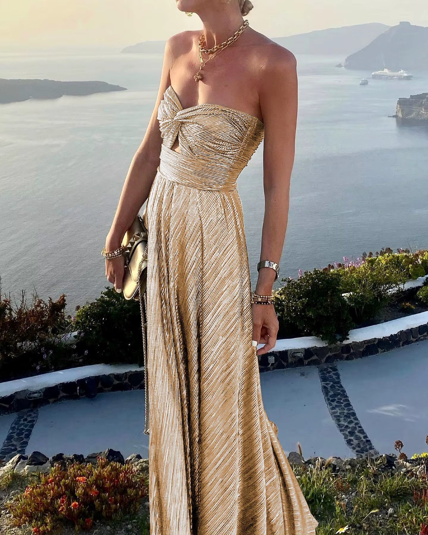 Elegant Sleeveless A-Line Twist Strapless Hollow Out Evening Long Maxi Dress