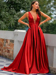 Elegant Sleeveless A-Line V-Neck Backless Satin Long Wedding Guest Evening Formal Dresses