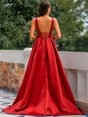 Elegant Sleeveless A-Line V-Neck Backless Satin Long Wedding Guest Evening Formal Dresses