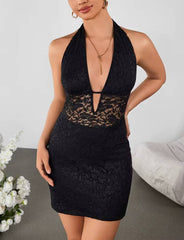 Elegant Sleeveless Backless Cut Out Deep V-Neck Tie Up Lace Mini Dress