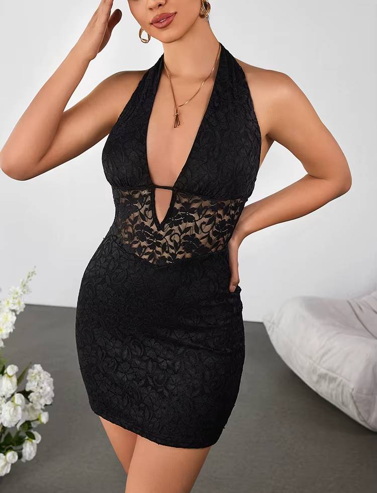 Elegant Sleeveless Backless Cut Out Deep V-Neck Tie Up Lace Mini Dress
