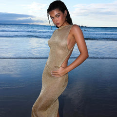 Elegant Sleeveless Backless Draped Long Dress Beach Outfits