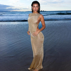 Elegant Sleeveless Backless Draped Long Dress Beach Outfits