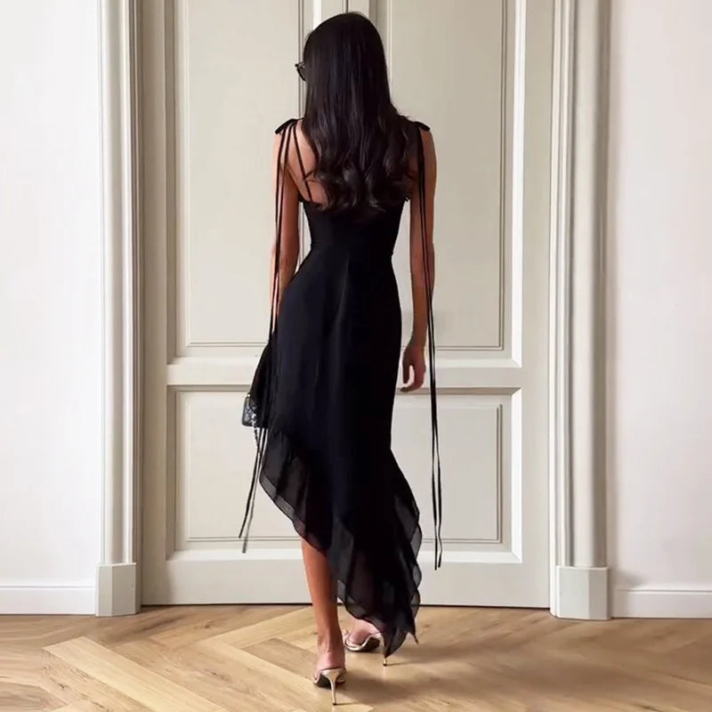Elegant Sleeveless Backless Irregular Spaghetti Strap Ruffle Club Party Midi Dress