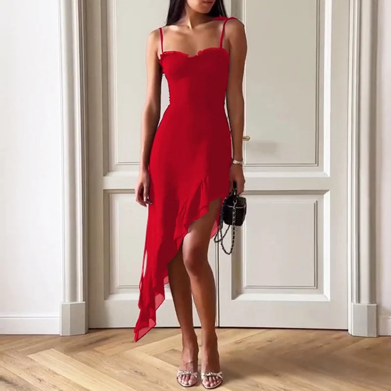 Elegant Sleeveless Backless Irregular Spaghetti Strap Ruffle Club Party Midi Dress