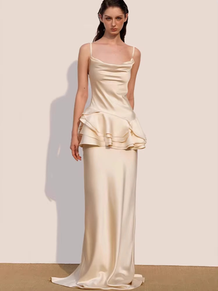 Elegant Sleeveless Backless Long Sling Ruffles Slim Evening Party Maxi Dress