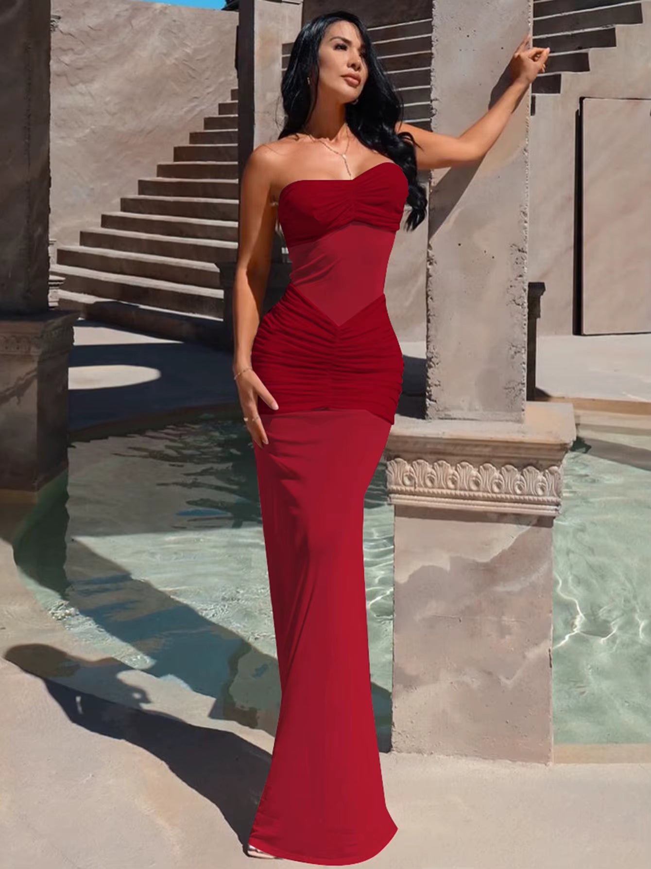 Elegant Sleeveless Backless Strapless Bodycon Ruched Long Maxi Dress