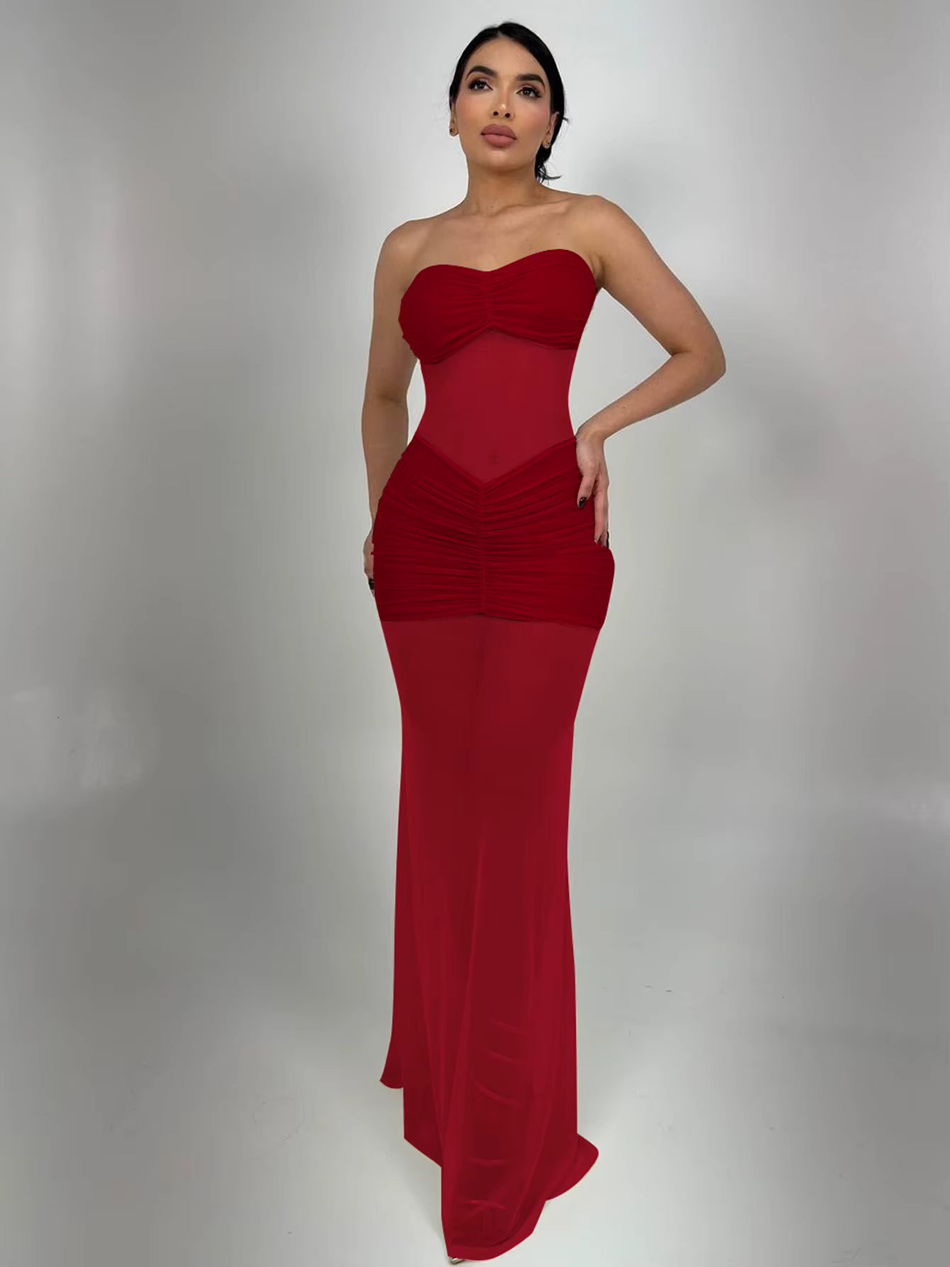 Elegant Sleeveless Backless Strapless Bodycon Ruched Long Maxi Dress