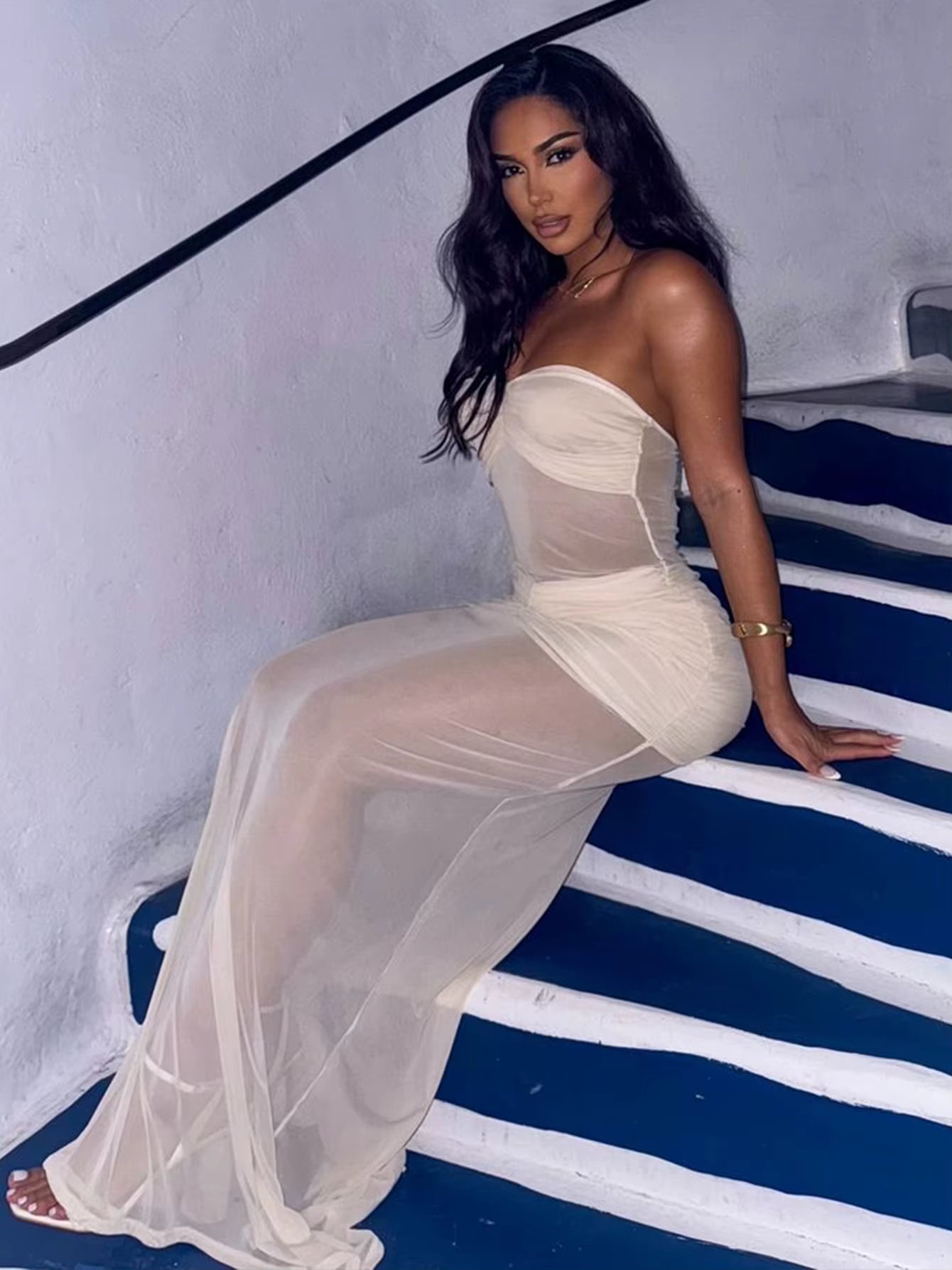 Elegant Sleeveless Backless Strapless Bodycon Ruched Long Maxi Dress