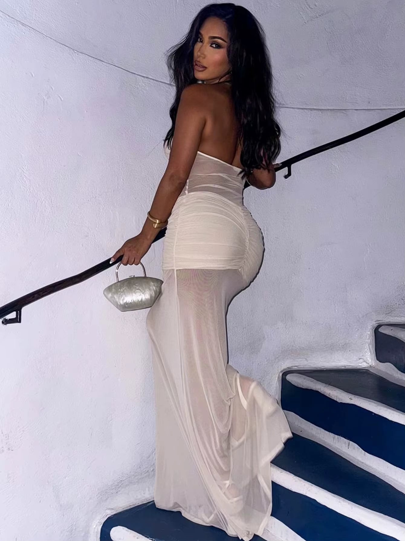 Elegant Sleeveless Backless Strapless Bodycon Ruched Long Maxi Dress