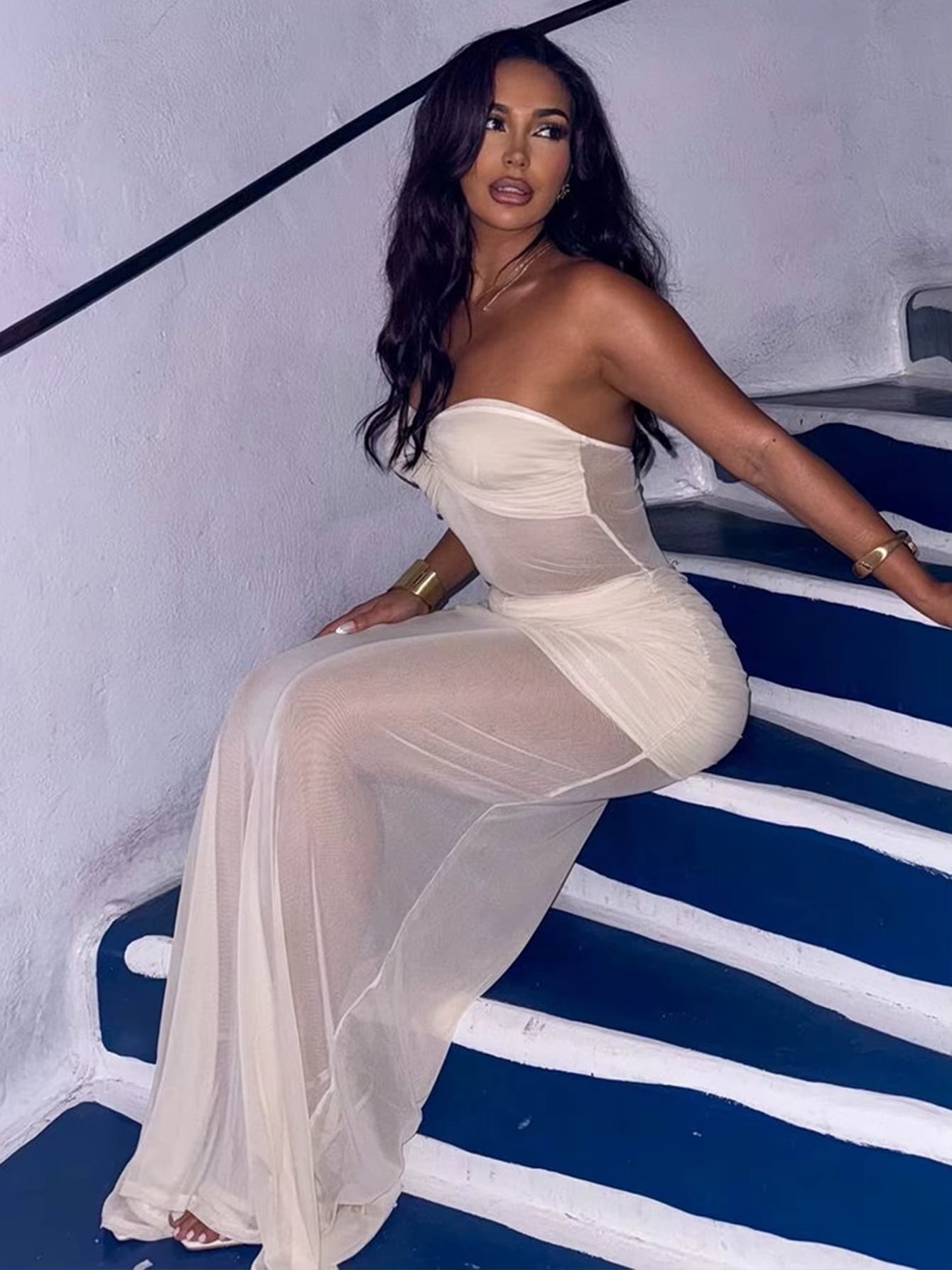 Elegant Sleeveless Backless Strapless Bodycon Ruched Long Maxi Dress