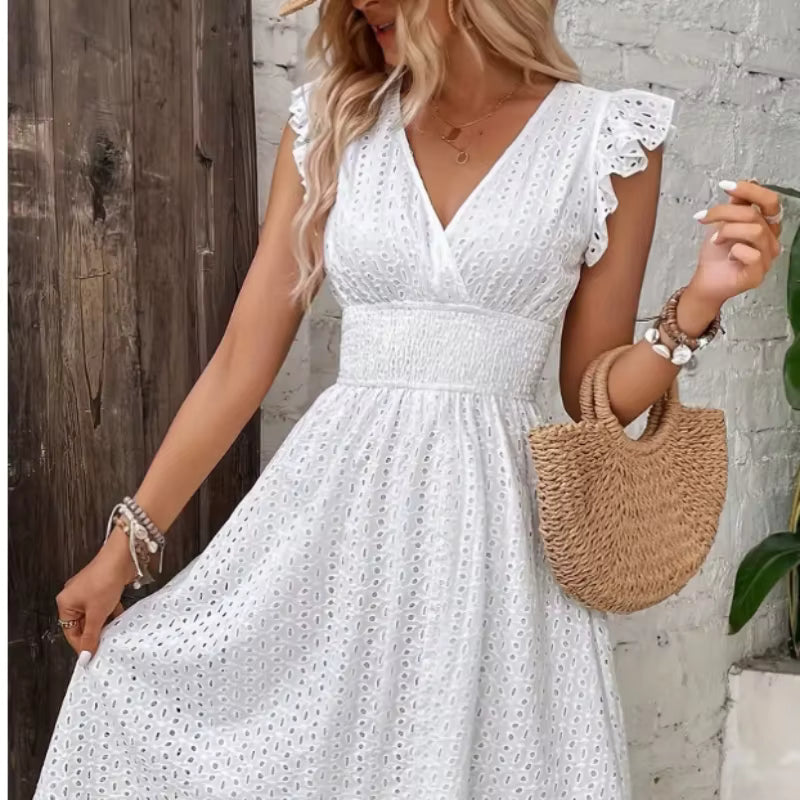 Elegant Sleeveless Cinched Waist Design V-Neck Lace Hollow Mini Dress