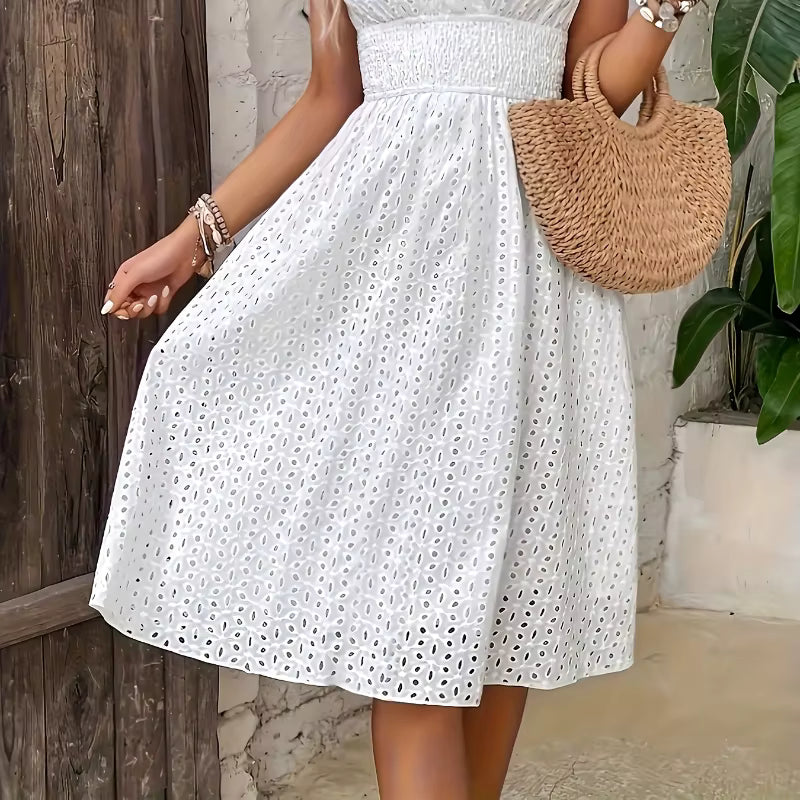 Elegant Sleeveless Cinched Waist Design V-Neck Lace Hollow Mini Dress