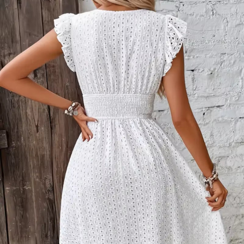 Elegant Sleeveless Cinched Waist Design V-Neck Lace Hollow Mini Dress