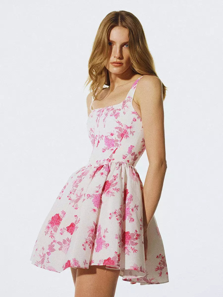Elegant Sleeveless Floral Print Sleeveless With Square Collar For Birthday Party Mini Dress