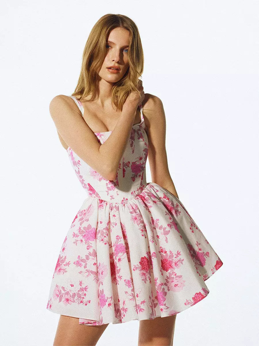 Elegant Sleeveless Floral Print Sleeveless With Square Collar For Birthday Party Mini Dress