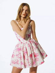Elegant Sleeveless Floral Print Sleeveless With Square Collar For Birthday Party Mini Dress