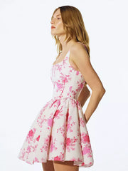 Elegant Sleeveless Floral Print Sleeveless With Square Collar For Birthday Party Mini Dress