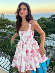 Elegant Sleeveless Floral Print Sleeveless With Square Collar For Birthday Party Mini Dress