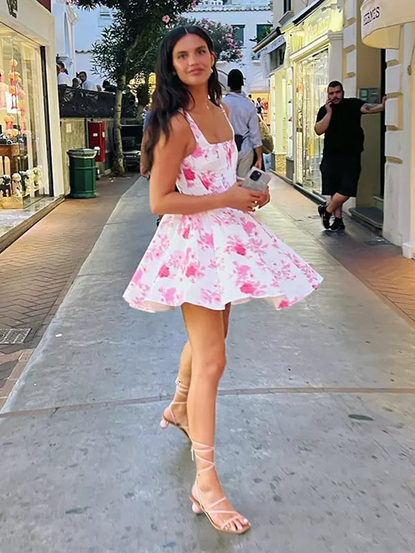 Elegant Sleeveless Floral Print Sleeveless With Square Collar For Birthday Party Mini Dress
