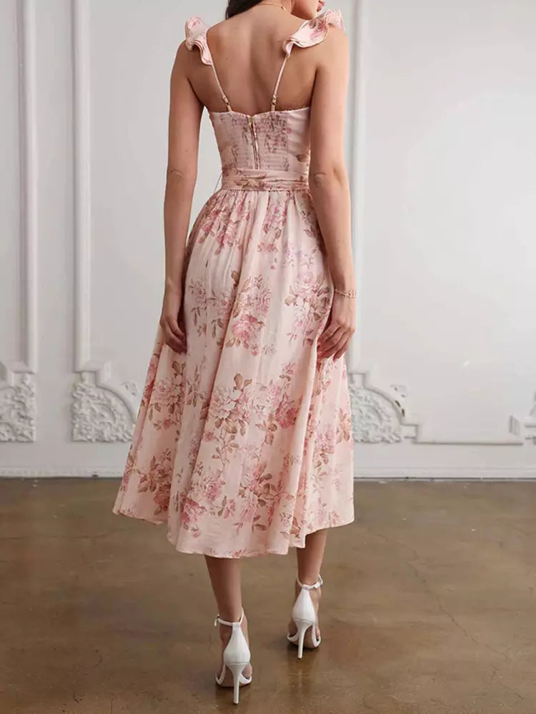 Elegant Sleeveless Floral With Sweetheart Neck And High Slit Midi Dress