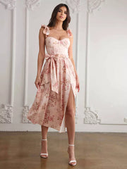 Elegant Sleeveless Floral With Sweetheart Neck And High Slit Midi Dress