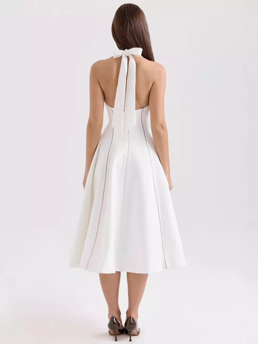 Elegant Sleeveless Halter Neck A-Line Backless Lace up Midi Dress