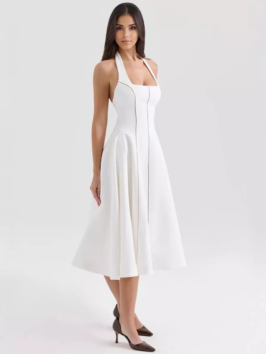 Elegant Sleeveless Halter Neck A-Line Backless Lace up Midi Dress